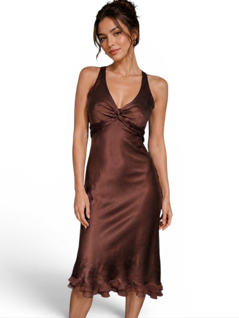 Vintage Cache Chocolate Brown Silk Slip Midi Dress Bias Cut Y2K. Size Small
